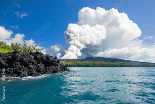 Volcano is spewing lava into the ocean photo