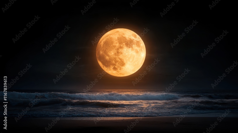 A vibrant moon casts a warm glow over calm ocean waters, merging beauty and tranquility in a mesmerizing seascape under a starry night sky. A vibrant moon casts a warm glow over calm ocean waters, merging beauty and tranquility in a mesmerizing seascape under a starry night sky.