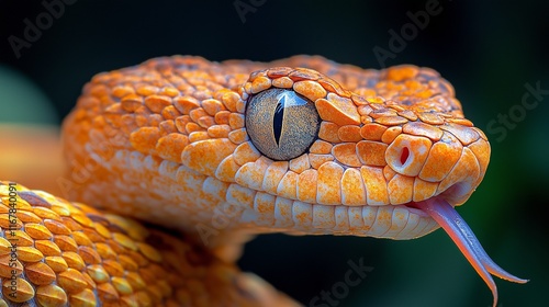 A close-up photo of a snakes head, with detailed scales and sharp eyes, its tongue flicking out photo