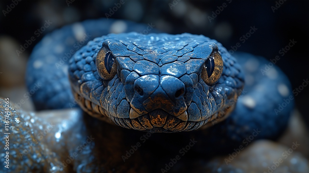 A haunting image of a snake's head, its sharp features emerging from deep shadows A haunting image of a snake's head, its sharp features emerging from deep shadows