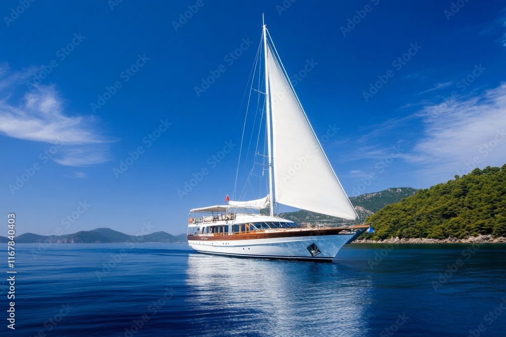 Large white sailboat is sailing in the ocean Large white sailboat is sailing in the ocean