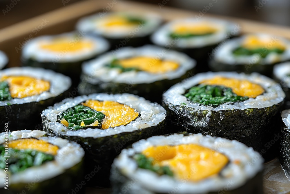 Delicious sushi rolls showcasing vibrant spinach and orange filling on a wooden surface. Generative AI Delicious sushi rolls showcasing vibrant spinach and orange filling on a wooden surface. Generative AI