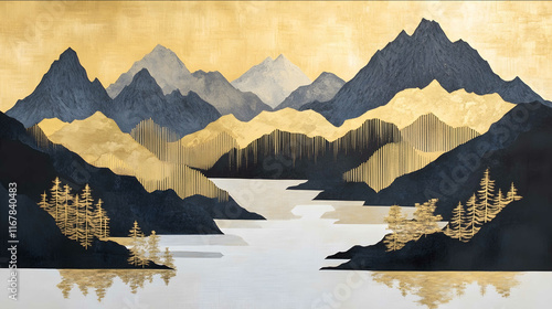 A painting of mountains rivers and trees Mondrian Black mountains golden rivers golden rectangles white background collage color blocks fine gold lines gilded minimum photo