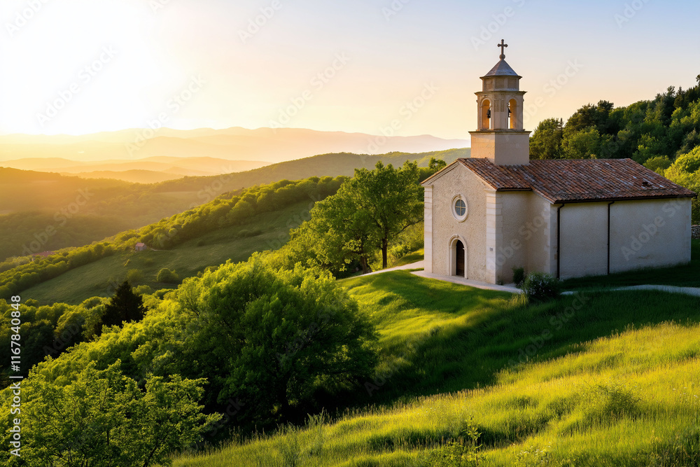 Serene countryside view at sunset featuring a quaint chapel surrounded by lush green hills Serene countryside view at sunset featuring a quaint chapel surrounded by lush green hills