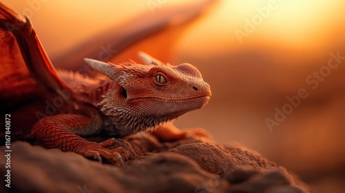 A mesmerizing dragon positioned on rocky ground during sunset, combining elements of nature with mythical charm, evoking emotions of wonder and strength.