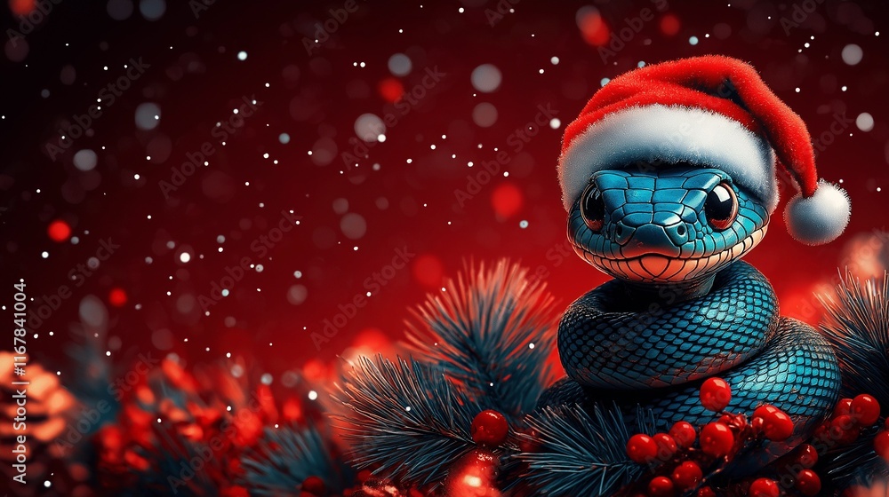 A cartoon-style snake with a cheerful expression wearing red Santa hat on red background. A cartoon-style snake with a cheerful expression wearing red Santa hat on red background.