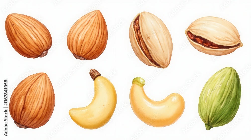 Fototapeta premium Almond, Pistachios, Cashew Nuts Set. Watercolor Nut Collection. Different Types Of Nut Isolated, Food