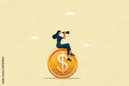 Golden Vision, A Woman Exploring Future Possibilities While Perched on a Prosperous Coin