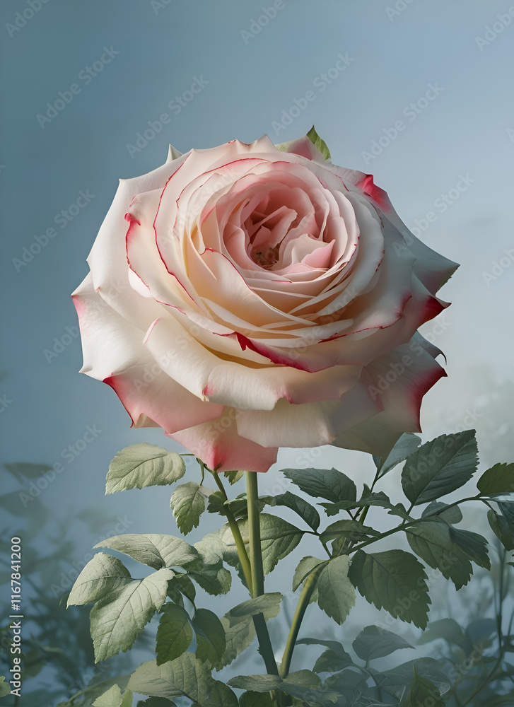 beautiful pink-white rose against soft blue graphic background. Digital artwork. Ai genarated