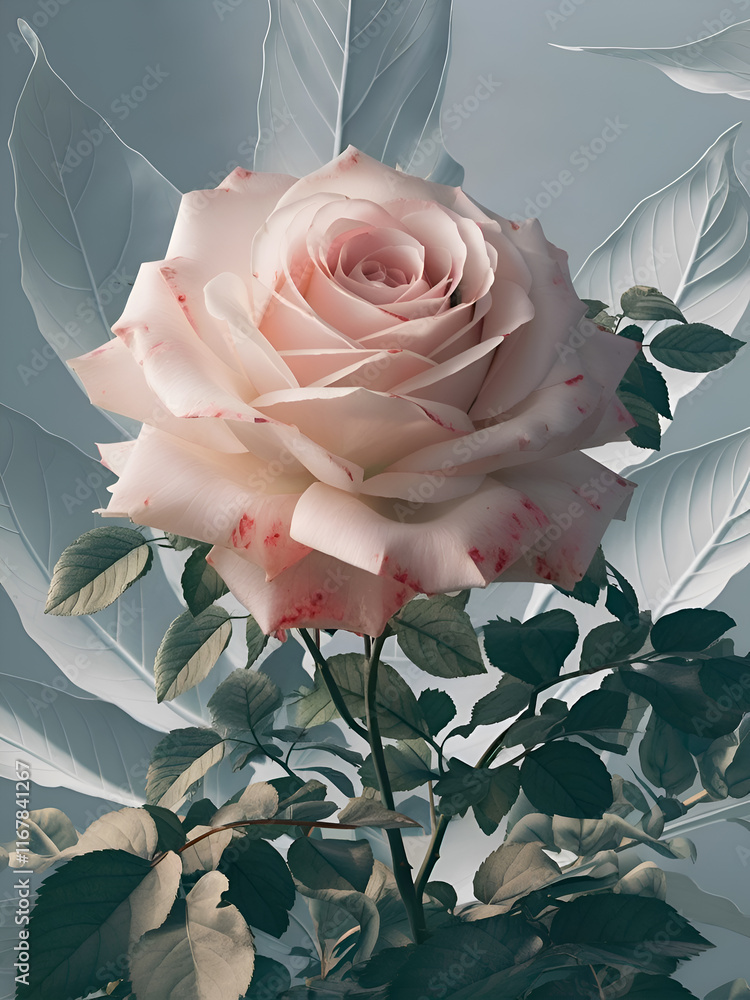 beautiful pink-white rose against soft blue graphic background. Digital artwork. Ai genarated