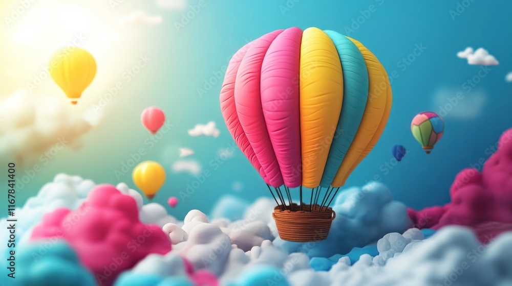 Naklejka premium Colorful hot air balloons float above fluffy clouds in a vibrant sky.