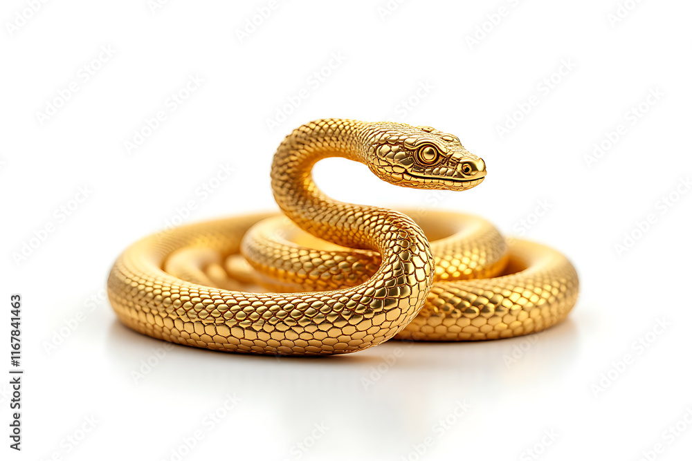 Obraz premium A snake statue made by solid gold, adorned with intricate ornaments, accessories, and ornate patterns on a clean white background