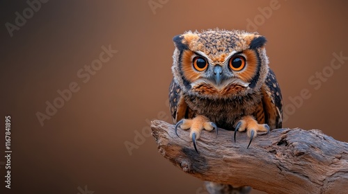 A majestic owl perches on a branch, showcasing its striking orange eyes and intricate feather patterns, embodying wisdom and the mysteries of nature in captivating detail. photo