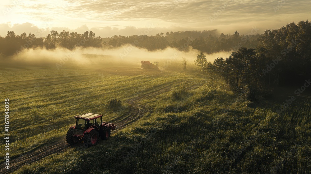 Fototapeta premium Misty sunrise over a farmland with a tractor working in the field.