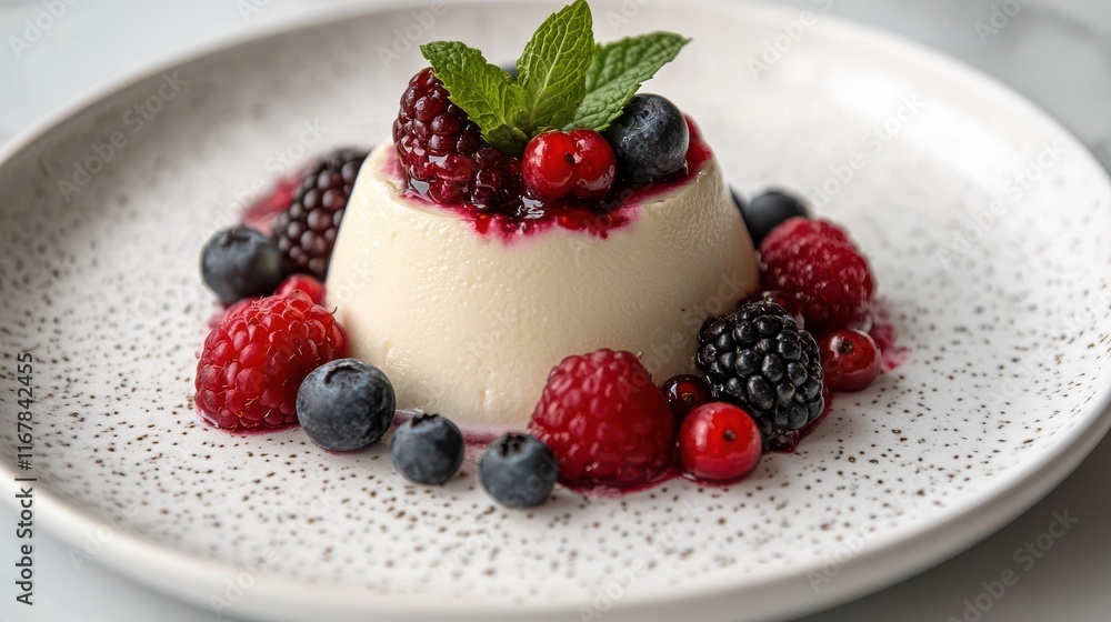 Panna cotta with mixed berries and mint garnish Panna cotta with mixed berries and mint garnish