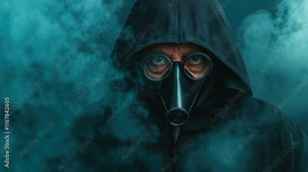 A mysterious figure wearing a gas mask looms in the midst of swirling smoke, evoking emotions of fear, intrigue, and the unknown in this dark and atmospheric image. A mysterious figure wearing a gas mask looms in the midst of swirling smoke, evoking emotions of fear, intrigue, and the unknown in this dark and atmospheric image.