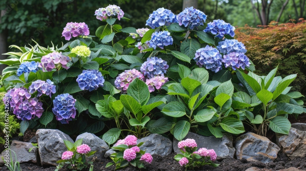 Lush summer hydrangea garden in full bloom with vibrant greenery and colorful blooms Lush summer hydrangea garden in full bloom with vibrant greenery and colorful blooms
