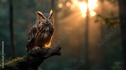 An exquisite owl is perched on a branch as the sun sets, illuminating its striking features in a magical forest scene filled with dramatic lighting and warmth. photo