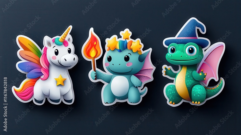 Obraz premium Whimsical Sticker Set of Fantasy Creatures