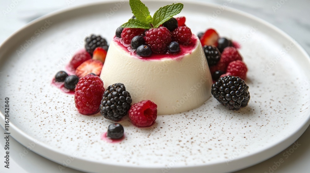 Panna cotta with mixed berries and mint garnish Panna cotta with mixed berries and mint garnish