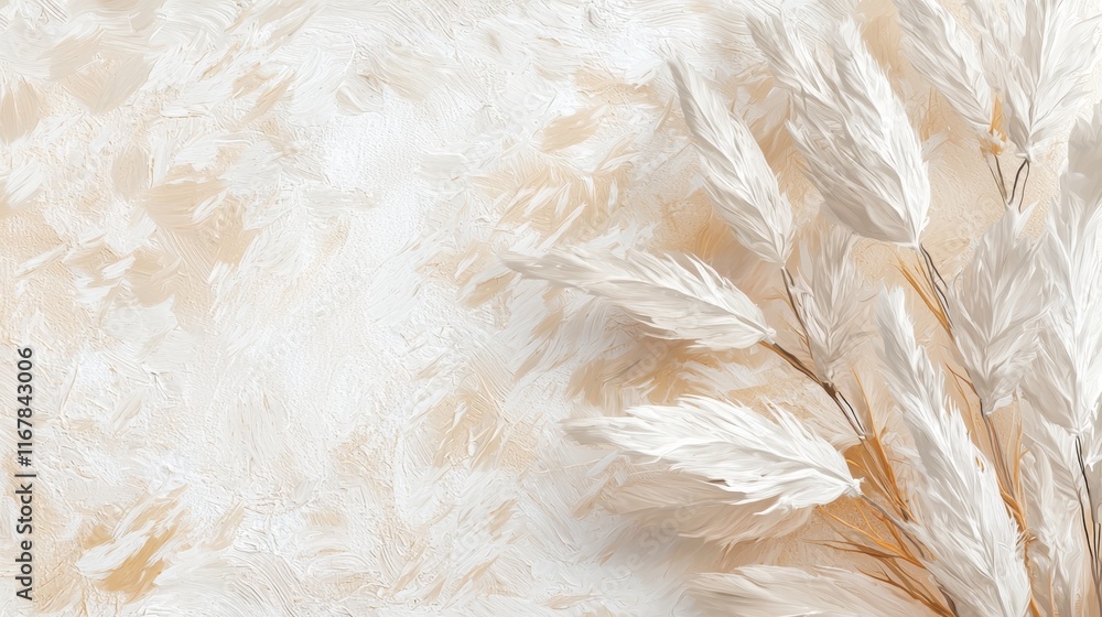 Soft white pampas grass arranged against a textured beige background creating a serene atmosphere in a minimalist setting Soft white pampas grass arranged against a textured beige background creating a serene atmosphere in a minimalist setting