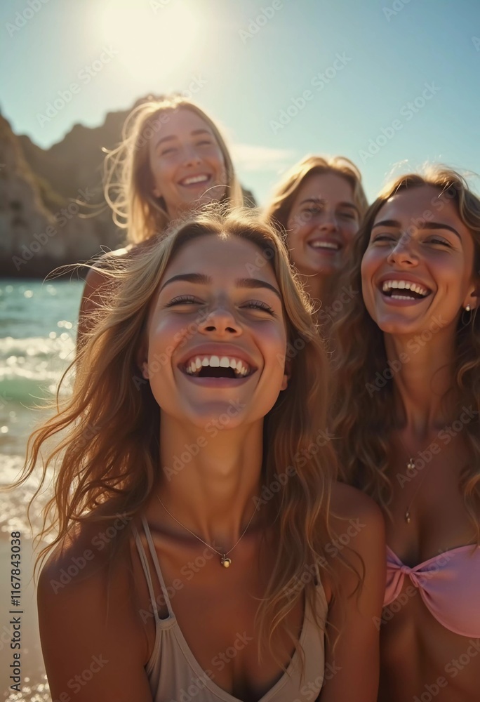 A group of friends smiles and laughs as they soak up the sun by the ocean, creating unforgettable memories during their summer travel adventure. Generative AI A group of friends smiles and laughs as they soak up the sun by the ocean, creating unforgettable memories during their summer travel adventure. Generative AI