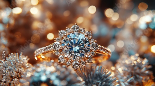 Sparkling diamond ring on festive background.