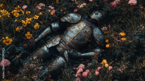 Fallen Knight in Ornate Armor Amidst Flowers - Dark Gothic Fantasy