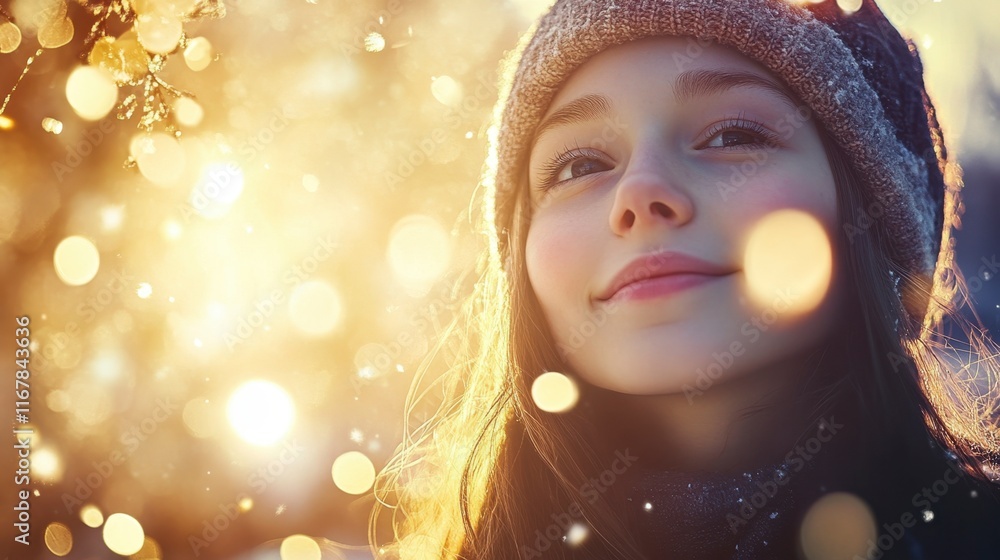 Girl Smiling Winter Wonderland Bokeh Lights Girl Smiling Winter Wonderland Bokeh Lights