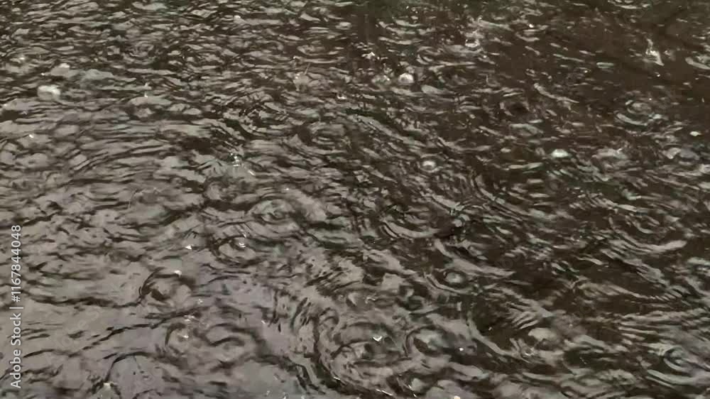 Raindrops create small ripples and circular water pattern on paved surfaces during rainfall. Raindrops create small ripples and circular water pattern on paved surfaces during rainfall.