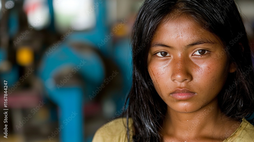 Obraz premium Young girl with long hair gazes thoughtfully in an industrial setting near machinery