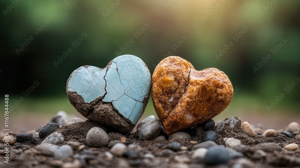A pair of heart-shaped stones, one blue and one brown, sit side by side, representing love, unity, and emotional resilience in a tranquil outdoor setting. A pair of heart-shaped stones, one blue and one brown, sit side by side, representing love, unity, and emotional resilience in a tranquil outdoor setting.