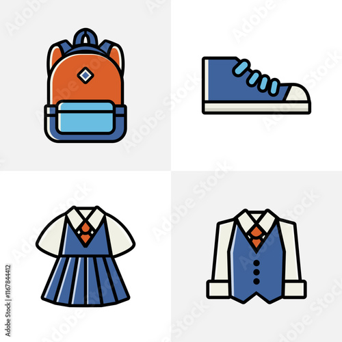 vector package of school supplies namely uniforms, bags, shoes is very suitable for educational themes