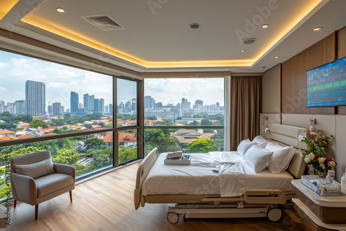 VIP hospital room interior bed and armchairs for meeting, hardwood floor. Cozy design of relax and medical care space. Panoramic window on Singapore 