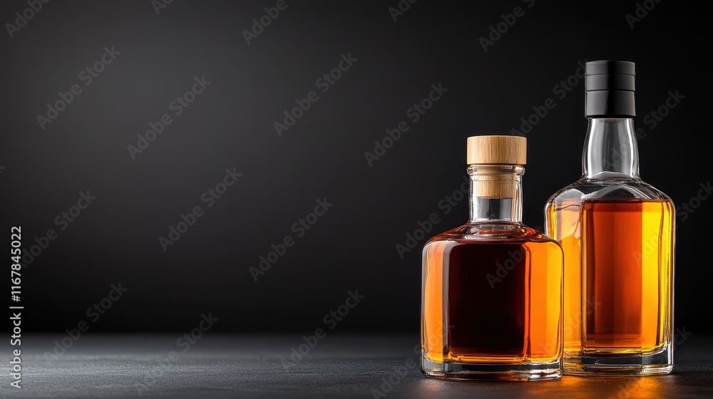An artistic capture of two sophisticated spirits bottles illuminated against a soft dark backdrop, showcasing the beauty of craftsmanship and design in beverage presentation. An artistic capture of two sophisticated spirits bottles illuminated against a soft dark backdrop, showcasing the beauty of craftsmanship and design in beverage presentation.