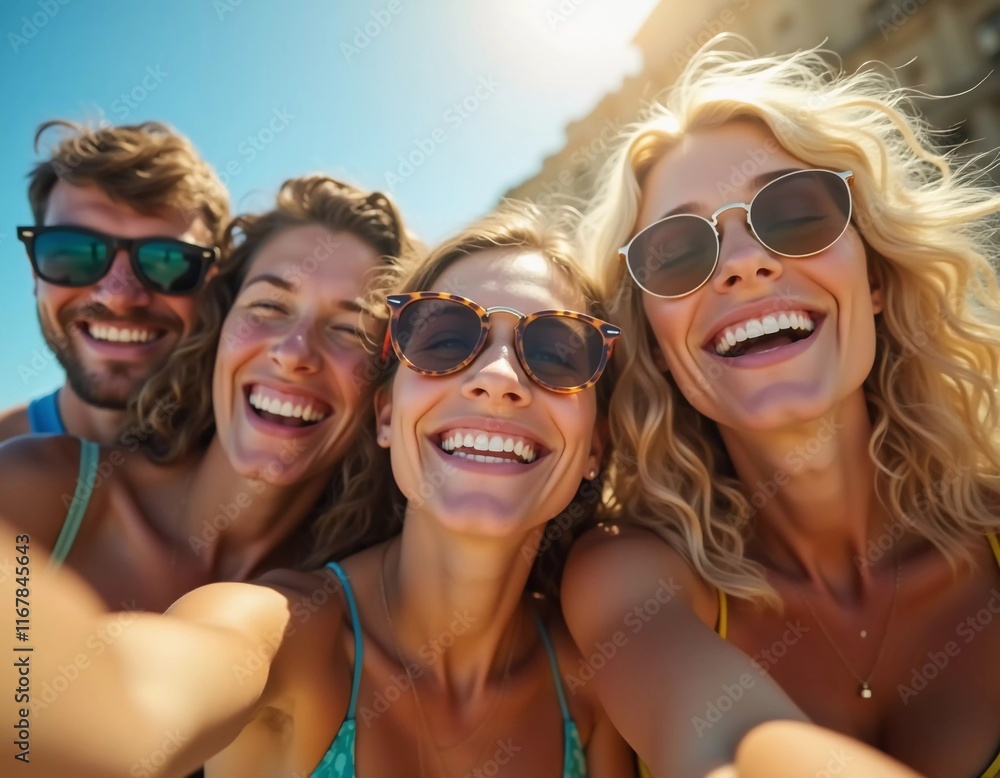 A group of friends smiles and laughs as they soak up the sun by the ocean, creating unforgettable memories during their summer travel adventure. Generative AI A group of friends smiles and laughs as they soak up the sun by the ocean, creating unforgettable memories during their summer travel adventure. Generative AI