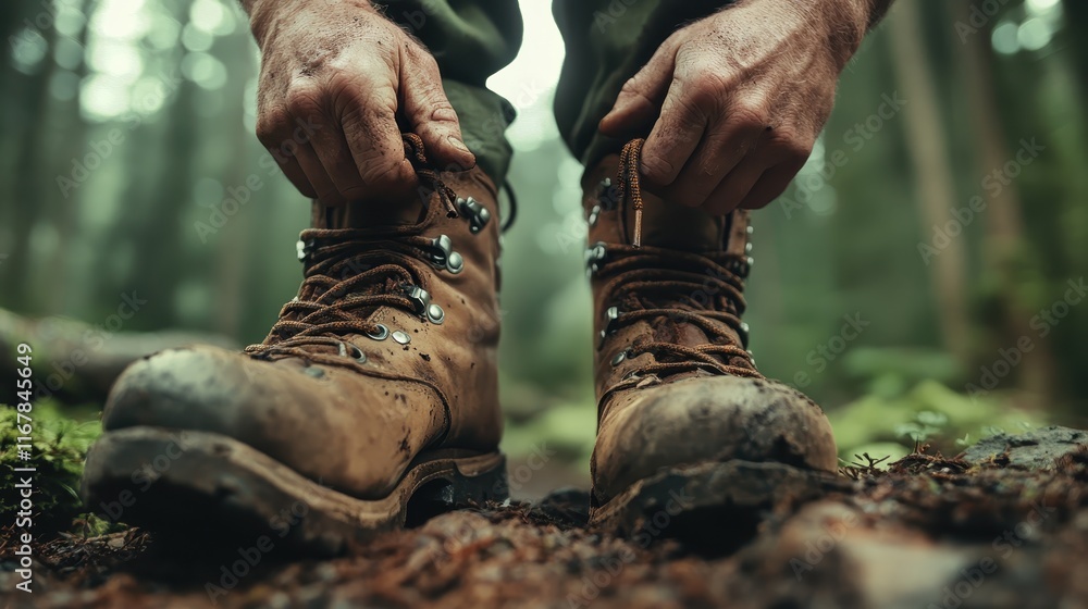 A close-up image of hands tying laces on brown hiking boots in a serene forest, emphasizing the connection to nature and adventure in the great outdoors. A close-up image of hands tying laces on brown hiking boots in a serene forest, emphasizing the connection to nature and adventure in the great outdoors.