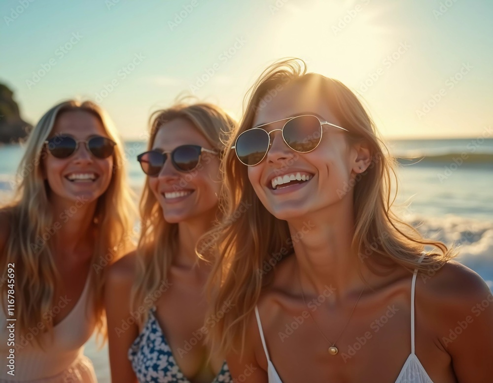 A group of friends smiles and laughs as they soak up the sun by the ocean, creating unforgettable memories during their summer travel adventure. Generative AI A group of friends smiles and laughs as they soak up the sun by the ocean, creating unforgettable memories during their summer travel adventure. Generative AI