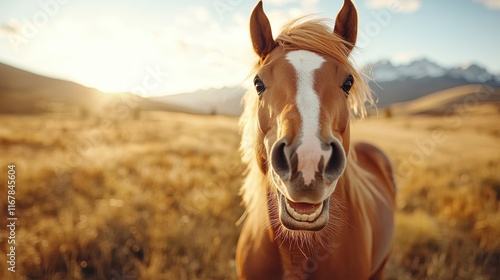 A cheerful horse stands poised in a golden meadow during sunset, capturing the essence of freedom, beauty, and the serenity of nature's landscapes.