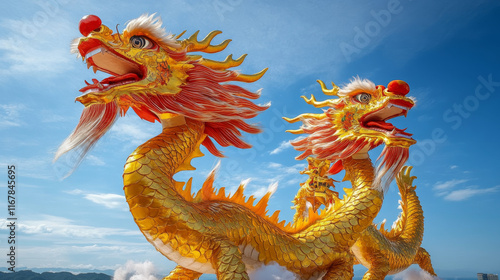 Festive Chinese Dragon Dance Golden and Red Dragons Celebrating Culture
