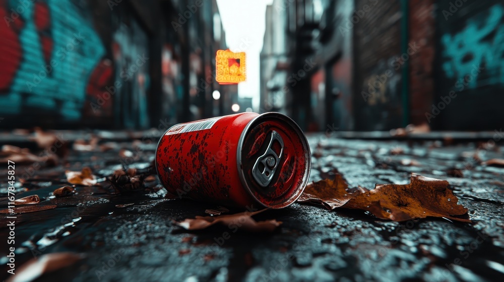 A discarded soda can lies on a rainy urban alleyway, surrounded by fallen leaves and graffiti, depicting themes of waste, urbanity, and the passage of time in contemporary life. A discarded soda can lies on a rainy urban alleyway, surrounded by fallen leaves and graffiti, depicting themes of waste, urbanity, and the passage of time in contemporary life.