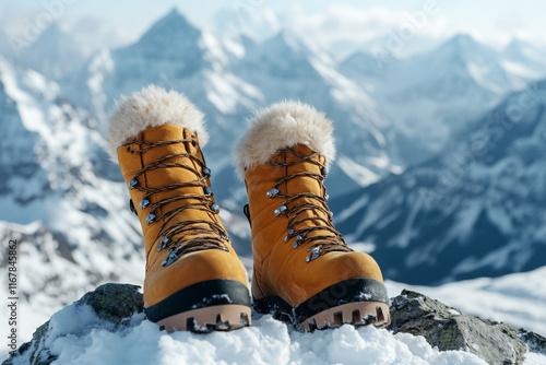 The feet of a woman in boots against the background of mountains after climbing to the top on a sunny spring day 