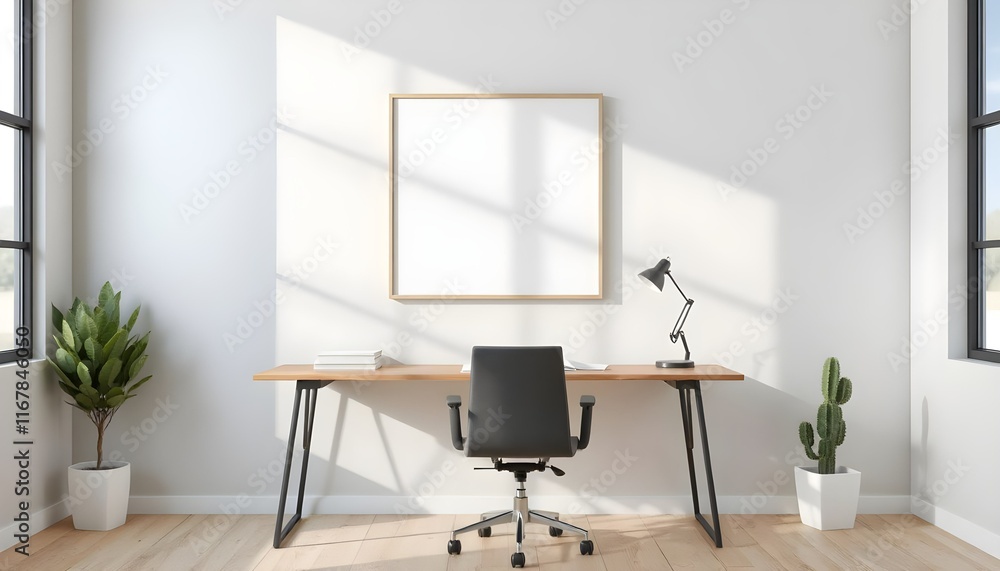minimalist workspace with frame mockup, light gray wall, wooden desk, ergonomic chair, desk lamp, cactus in pot, soft lighting, organized and simple office space minimalist workspace with frame mockup, light gray wall, wooden desk, ergonomic chair, desk lamp, cactus in pot, soft lighting, organized and simple office space