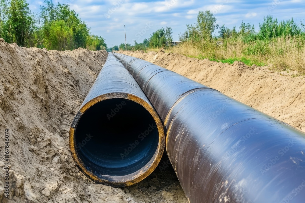 Two long pipes are laying in the dirt