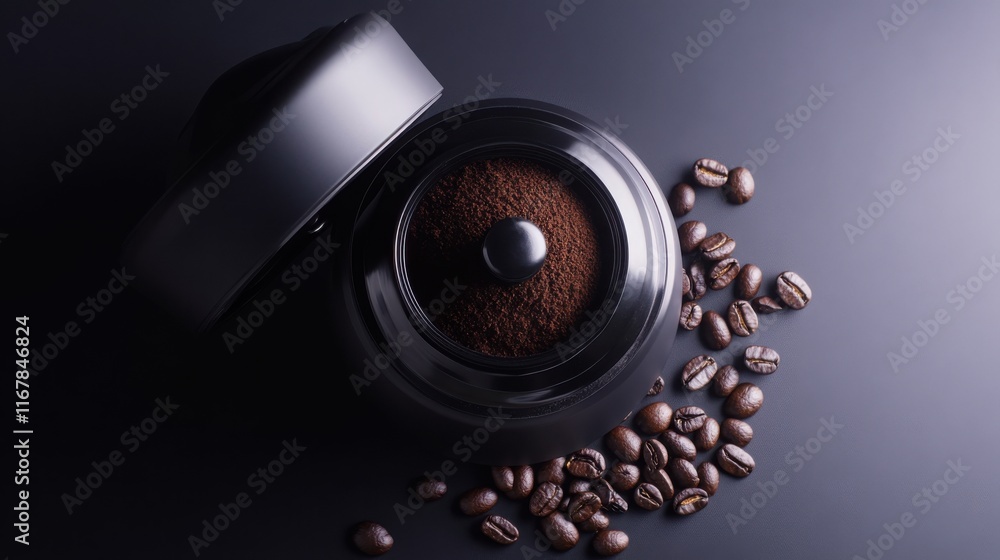 Ground coffee spills from a grinder surrounded by whole beans on a dark surface in a cozy kitchen setting Ground coffee spills from a grinder surrounded by whole beans on a dark surface in a cozy kitchen setting