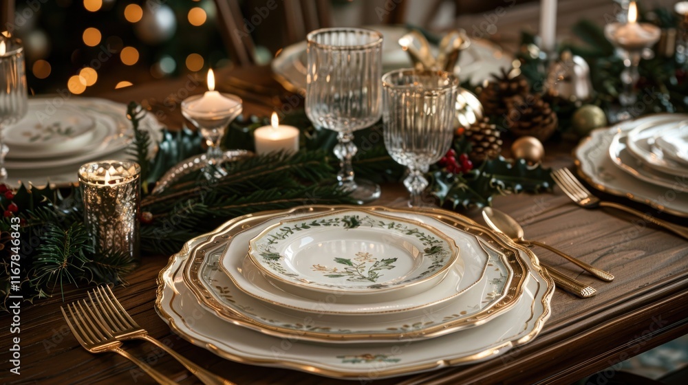 Fototapeta premium Festive Christmas table setting with candles, plates, and greenery.