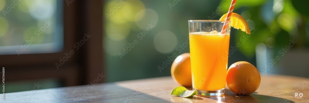 A glass of orange juice with a straw in it sits on a table next to a cup, drink, snack, glass A glass of orange juice with a straw in it sits on a table next to a cup, drink, snack, glass