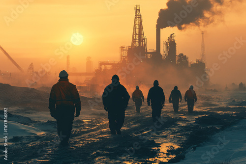 Team of Oil Workers Performing Tasks on the Oilfield