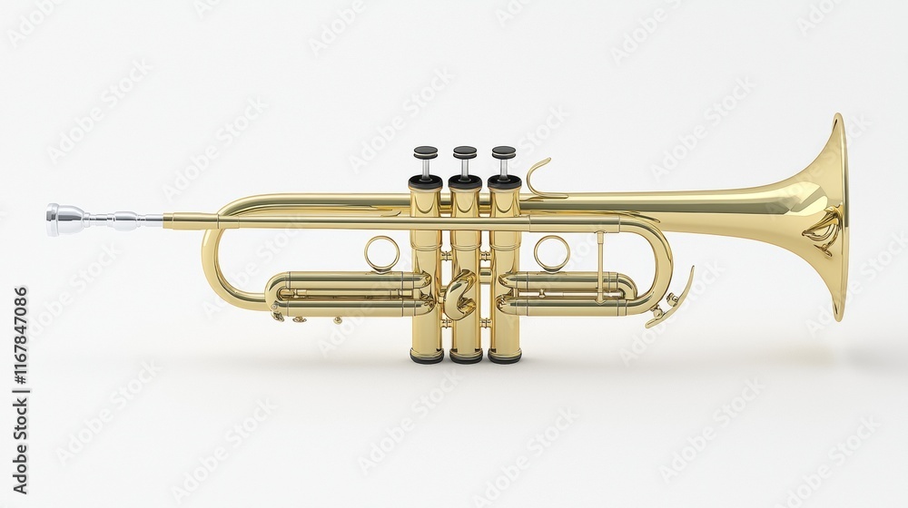 Obraz premium Brass trumpet showcasing intricate design and craftsmanship in a studio setting with clean background