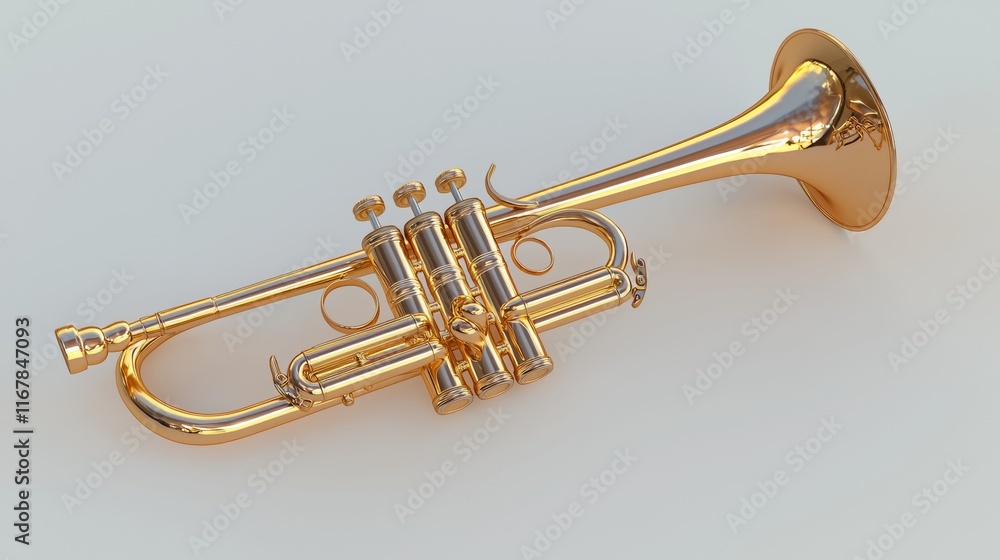 Fototapeta premium Trumpet resting on a smooth surface reflecting warm light showcasing its bright brass finish